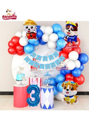 Devriye Köpek Folyo Balonlu 3 Yaş Mavi Kırmızı Beyaz Balon Zinciri Doğum Günü Seti