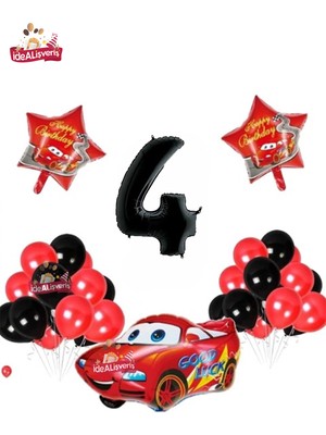 Araba Yıldız 4 Yaş Folyolu Siyah Kırmızı Doğum Günü Parti Seti