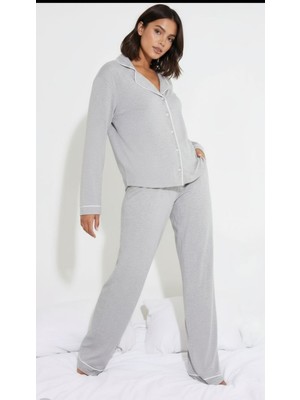 Merlot Düğmeli Biyeli Pijama Takımı Kadın Kloş Silüet Günlük Stil Desenli Gri Renk