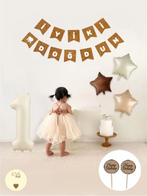 Krem Rakam Folyo Balon Retro Yıldız Folyo Balon Seti Kraft Iyiki Doğdun Yazı Banner