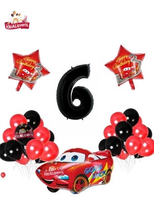Araba Yıldız 6 Yaş Folyolu Siyah Kırmızı Doğum Günü Parti Seti
