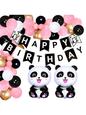 Lüx Iyiki Doğdun Uzar Yazılı Panda Folyolu Balon Zincir Set Doğum Günü Parti Seti Süsü