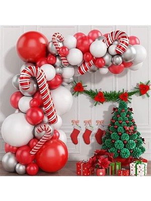 Yılbaşı Noel Balon Zinciri 2 Adet Noel Baston Şekilli Folyo Balon ve 60 Adet Balon Zincir