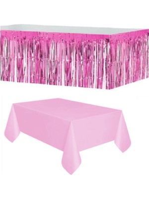 Pembe Metalize Masa Eteği 90×350 cm Tek Kullanımlık Plastik Pembe Masa Örtüsü 120×180 cm