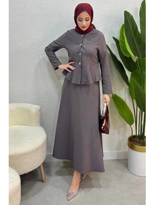 Tesettür Diyarı Berlim Model Fırfır Detaylı Ikili Tesettür Takım- Gri