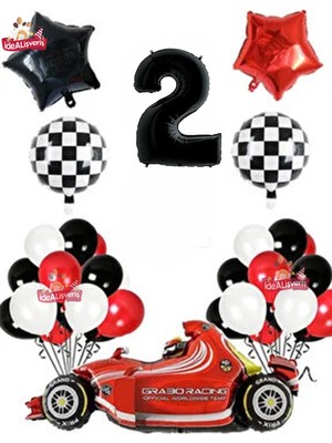 Formula Yarış Arabası 2 Yaş Siyah Kırmızı Beyaz Konsept Doğum Günü Parti Seti