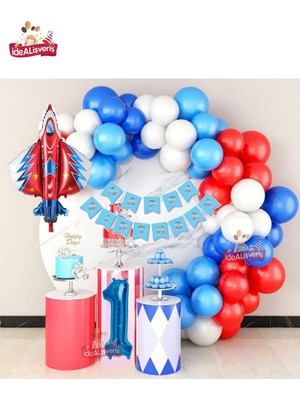 Jet Uçak Mavi 1 Yaş Folyolu Kırmızı Beyaz Mavi Balon Zincir Doğum Günü Seti
