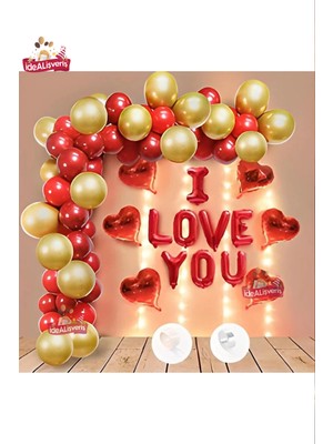 Sevgililer Günü Ledli I Love You Folyolu Kırmızı Gold Set