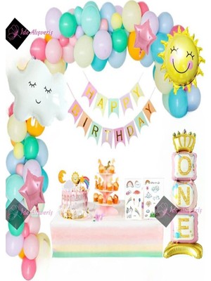 Doğum Günü Partisi Süslemeleri,ayaklı One Pembe Folyolu, Güneş Bulutları Gökkuşağı Balon Parti Seti
