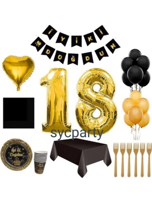 18 Yaş Doğum Günü Seti Siyah Gold 16 Kişilik