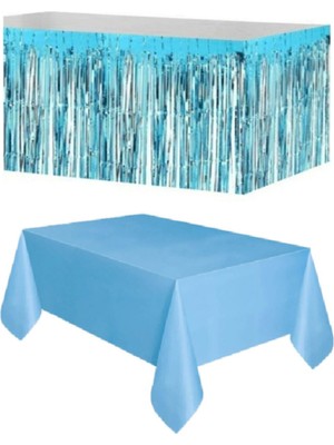 Plastik Mavi Masa Örtüsü - Mavi Metalize Masa Eteği Püskülü