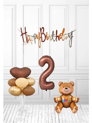 Kahve Happy Kalioğrafili Kahve Yaşlı Ayıcıklı Retro Renk Doğum Günü Balon Set Süsü