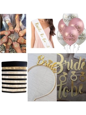 Bride To Be 18 Parça 5 Geçici Dövme-5 Bileklik-1 Gold Metal Taç- 1 Kuşak- 5 Balon- Bekarlığa Vedaset