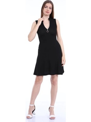 Kadın Siyah Yaka Fermuarlı Kolsuz Kaşkorse Elbise