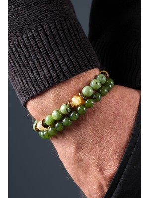 UltraMint Doğal Yeşim ve Sitrin Taşı Bileklik Seti, 8mm Kadın ve Erkek Için