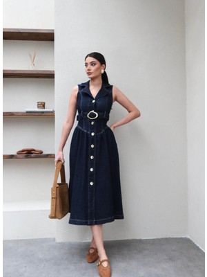 Esra Helvacı Sıfır Kol Kemerli Denim Elbise