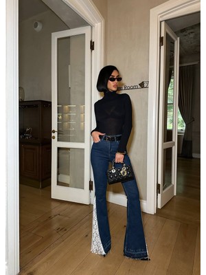 Madame Melek Pinterest Tasarım Dantelli Yüksek Bel İspanyol Paça Kot Pantolon