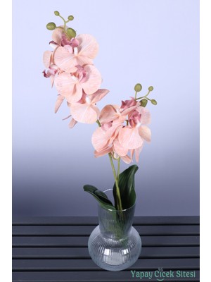 Yapay Çiçek Sitesi Yapay Yapraklı 2 Dal Islak Orkide Çiçeği Somon 55 cm