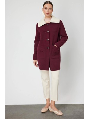 On Fashion Büyük Yakalı Düğmeli Kadın Bordo Hırka 63909