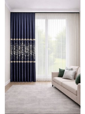 Perde Merkezi Bulut Lacivert Gold Pano Fon Perde Salon ve Misafir Odalarına Uygun 1/3 Sık Pileli Lüks Fon Perde