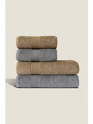 Ellaline 4'lü Banyo Havlusu Seti %100 Pamuk Sertifikalı Vücut ve Baş | Çizgili 50X90 - 70X140 Bej Gri