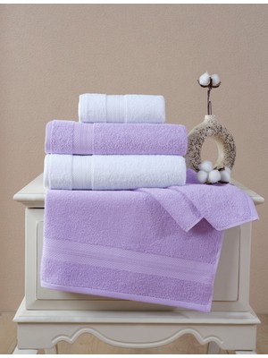 Ellaline 4'lü Banyo Havlusu Seti %100 Pamuk Sertifikalı, 50X80 - 70X130, Elmas Desen Bordürlü Lila Beyaz