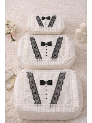 Hig Store 3'lü Damat Figür Fransız Güpür Çeyizlik Bohça Söz Nişan Gelin Damat Hurç Seti