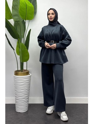Tesettür Diyarı Scuba Kumaş Kemerli Tunik Takım- Antrasit