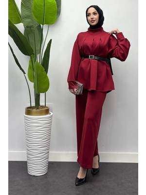 Tesettür Diyarı Scuba Kumaş Kemerli Tunik Takım- Bordo
