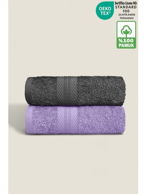 Ellaline 2'li Havlu Seti %100 Pamuk Sertifikalı, El / Yüz / Mutfak Havlusu Takımı Antrasit - Lila - 50X80CM