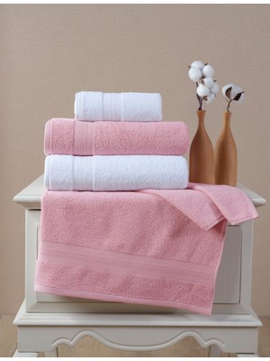Ellaline 4'lü Banyo Havlusu Seti %100 Pamuk Sertifikalı, 50X80 - 70X130, Elmas Desen Bordürlü Pembe Beyaz