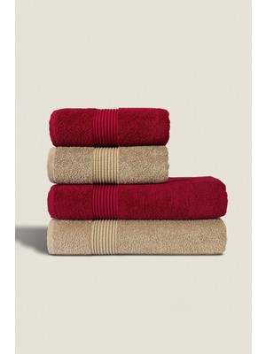 Ellaline 4'lü Banyo Havlusu Seti %100 Pamuk Sertifikalı Vücut ve Baş | Çeyizlik 50X90 70X140 Bordo Bej