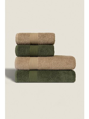 Ellaline 4'lü Banyo Havlusu Seti %100 Pamuk Sertifikalı Vücut - Baş, Çeyizlik 50X90 - 70X140 Bej Yeşil