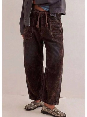 Madame Melek Baggy Geniş Bacak Kot Kadınlar için Vintage Düşük Bel Çan Alt Cepli Pantolon