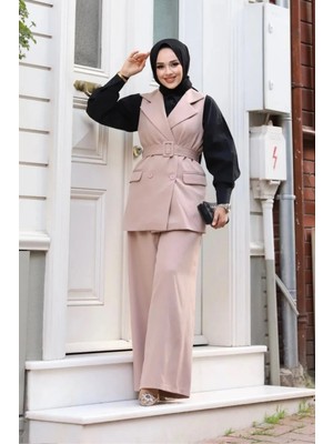 Tesettür Diyarı Krep Kumaş Yelekli Pantolonlu Ikili Takım Vizon