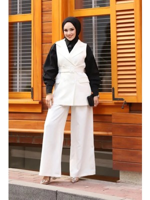 Tesettür Diyarı Krep Kumaş Yelekli Pantolonlu Ikili Takım Beyaz