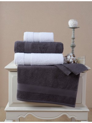 Ellaline 4'lü Banyo Havlusu Seti %100 Pamuk Sertifikalı, Elmas Desen Bordür 50X80-70X130CM Antrasit - Beyaz