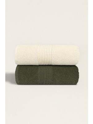 Ellaline 2'li Havlu Seti %100 Pamuk Sertifikalı El Yüz Mutfak Havlusu 50X90CM Krem - Koyu Yeşil