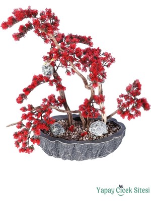 Yapay Çiçek Sitesi Fiber Saksılı Premium Yapay Kuşlu Bonsai Ağaç Kırmızı 70 cm