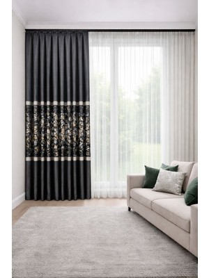 Perde Merkezi Bulut Antrasit Gold Pano Fon Perde Salon ve Misafir Odalarına Uygun 1/3 Sık Pileli Lüks Fon Perde