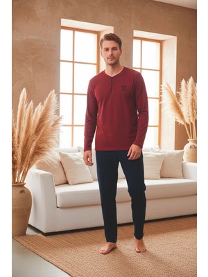 Kompedan Erkek Uzun Kollu 4 Mevsim Penye Süprem Önü Patlı Pijama Takımı | Bordo 800