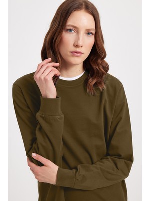 Tudors Kadın Oversize Geniş Kesim %100 Pamuk 2 Iplik Bisiklet Yaka Haki Sweatshirt 