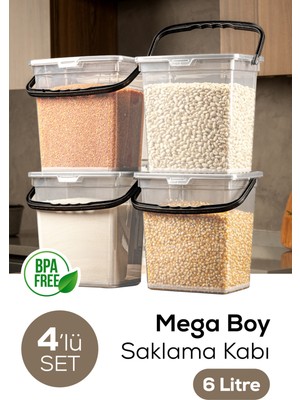 Vienev Mega Boy 4'lü Kare Un Bakliyat Kabı 6 Litre - Kulplu Saklama Kutusu Kabı Şeffaf