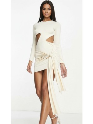 Merlot Krem Vücuda Oturan Bel Dekolteli Bağlama Detaylı Mini Elbise