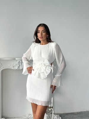 Cemo Uzun Kollu, Yuvarlak Yakalı Pileli Mini Elbise