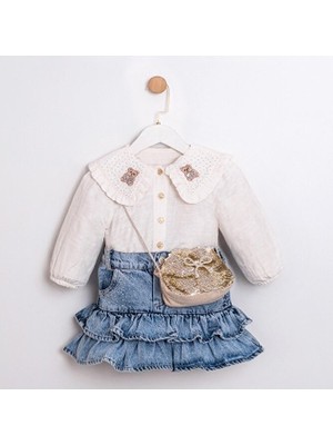 ministok Pita Yakası Nakışlı Jean Etekli Çanta Aksesuarlı Kız Çocuk Takım