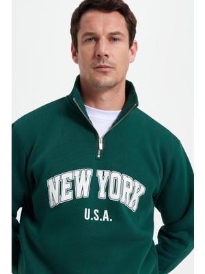 Tudors Erkek Relax Fit Rahat Kesim Pamuklu Yarım Fermuarlı Baskılı Haki Sweatshirt