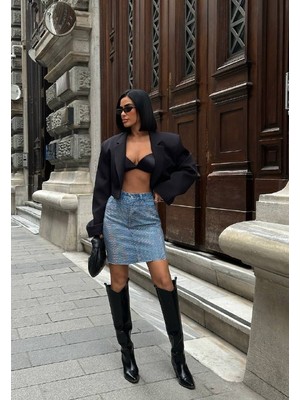 Madame Melek Taşlı Mini Kısa Kot Etek