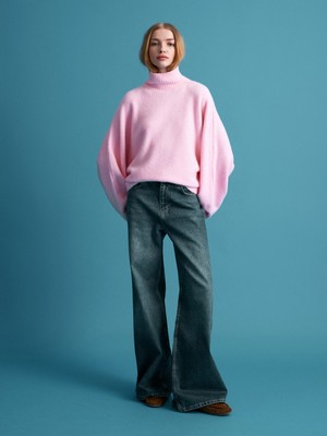 Dilvin 10817 Yün Karışımlı Yarasa Kol Kazak-Pembe