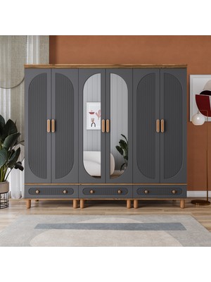 Velmo Barrel 6 Kapaklı Aynalı Gardırop (Antrasit)